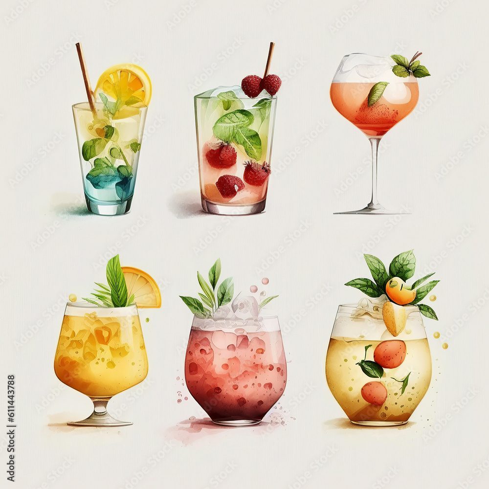 Ai generated illustration Assorted cocktails on white background. Stock ...